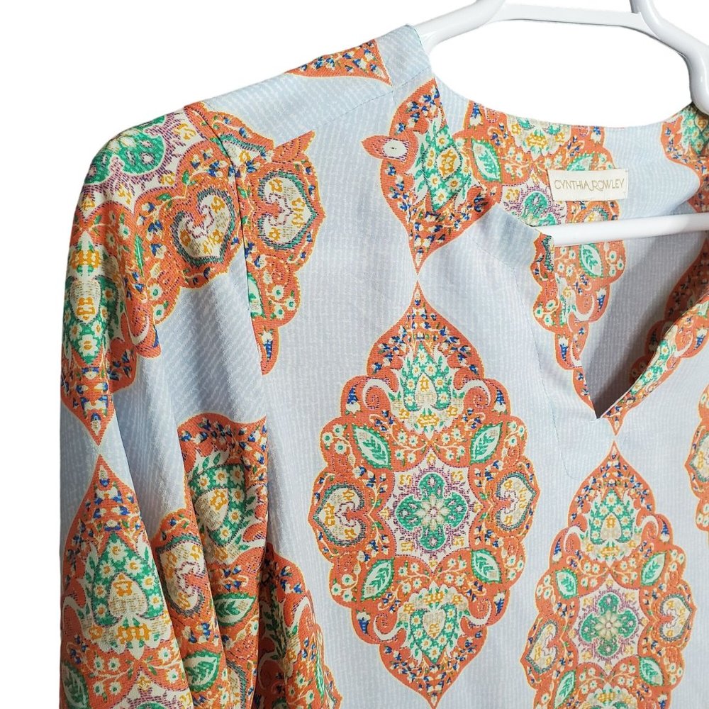 Cynthia Rowley Size 2X Tunic Blouse Pullover Medallion Print Split Neck Blue - Picture 9 of 13
